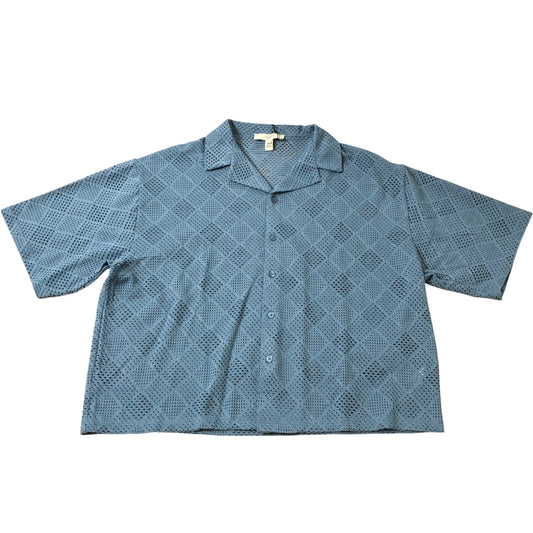 River Island Men's L Blue Casual Short Sleeve Top Stylish Crocheted Shirt