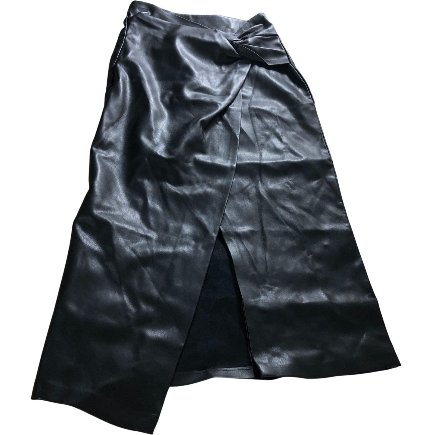 River Island Women's Black Faux Leather Midi Skirt UK6 Stylish Wrap Design