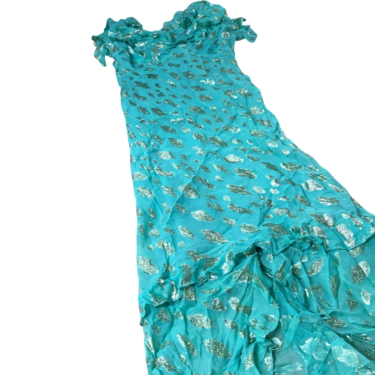 Dress Women's Ruffled V Neck Teal With Gold Foil Detailing UK14