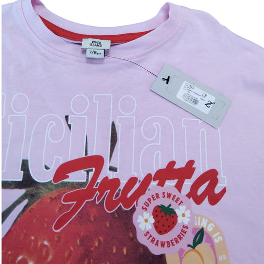 River Island Strawberry Graphic T-Shirt 7/8 Years Girls Pink Short Sleeve