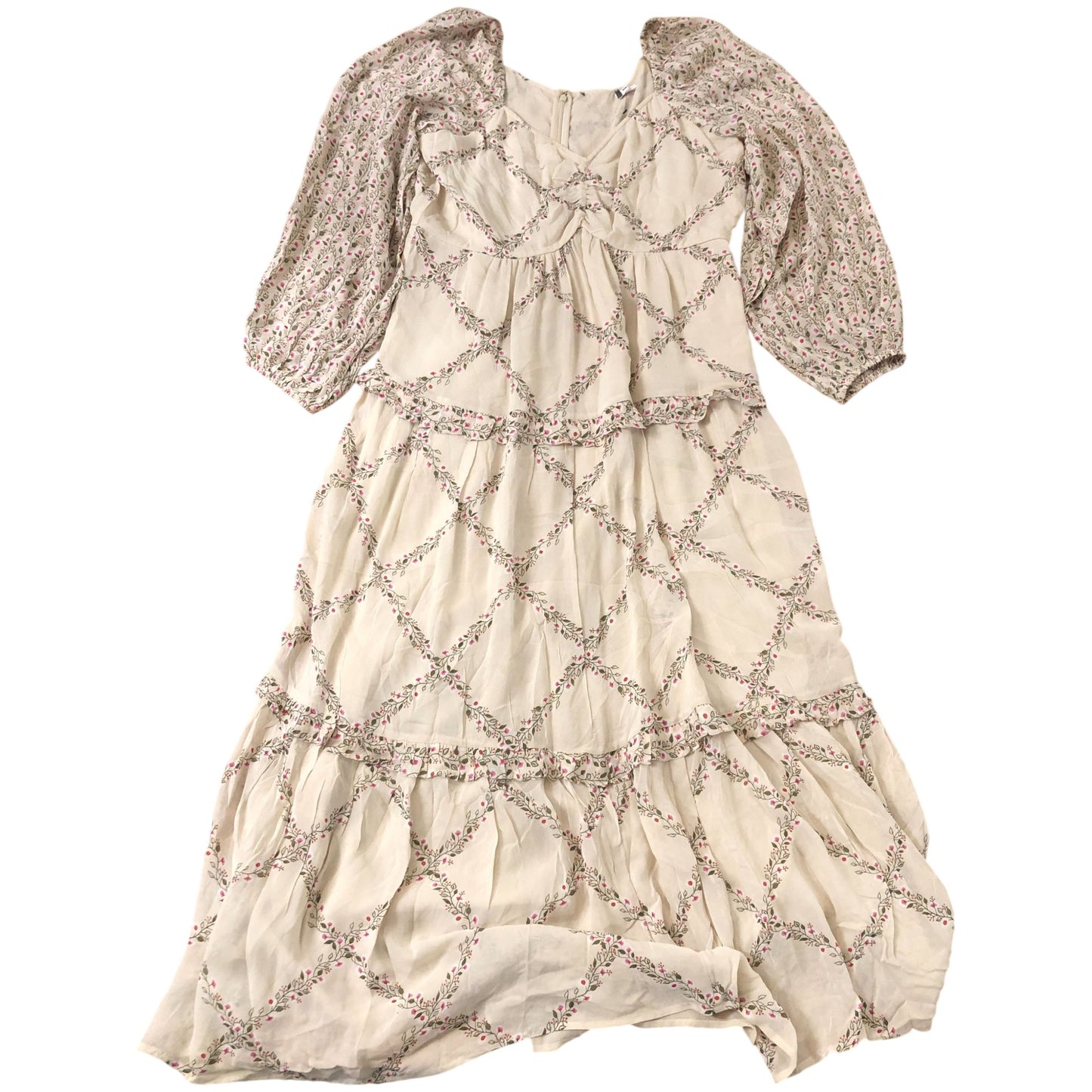Floral Print Maxi Dress Size 16 Women's Long Sleeve Tiered Cream Cotton