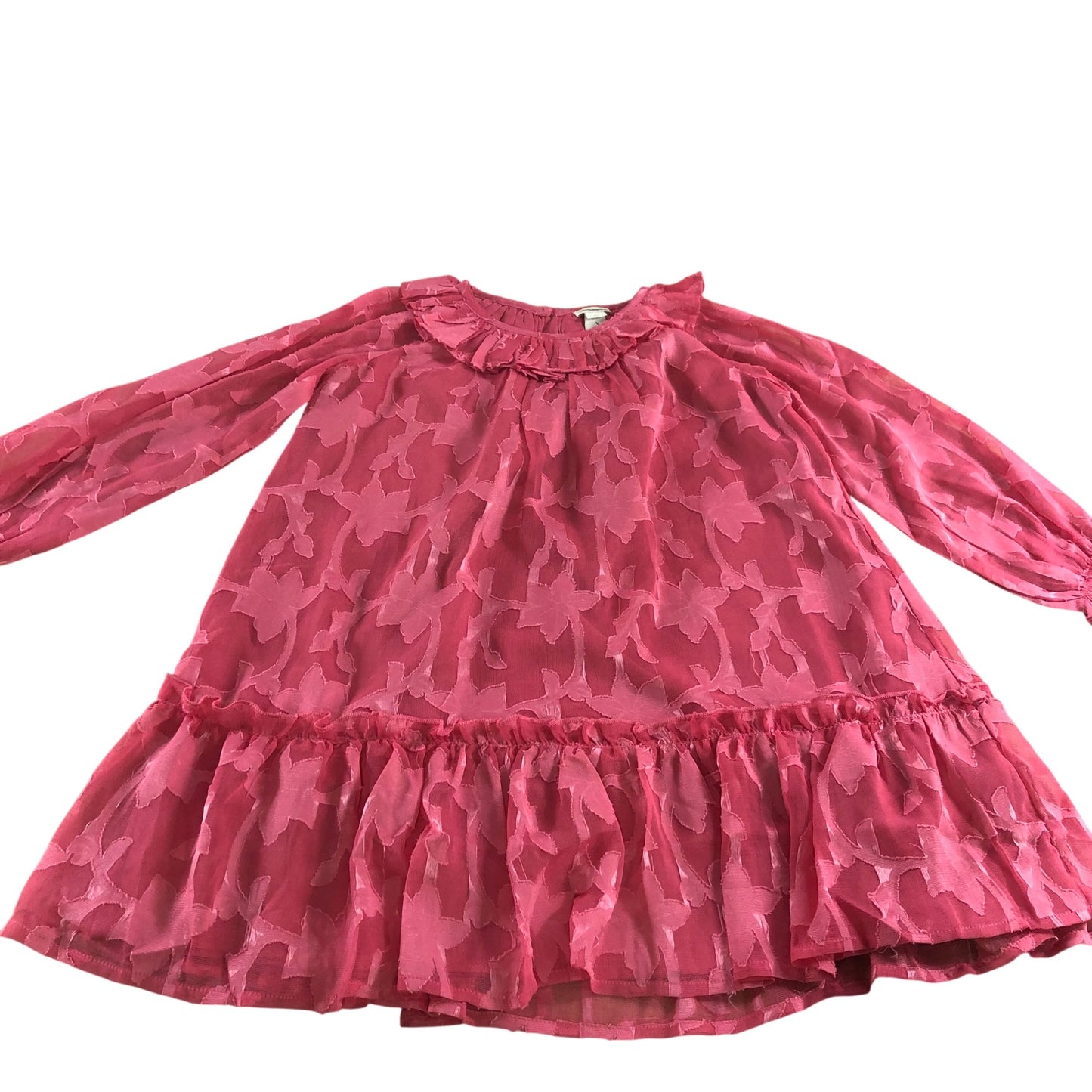 Girls Pink Floral Long Sleeve Dress Size 6 Yrs Ruffle Hem