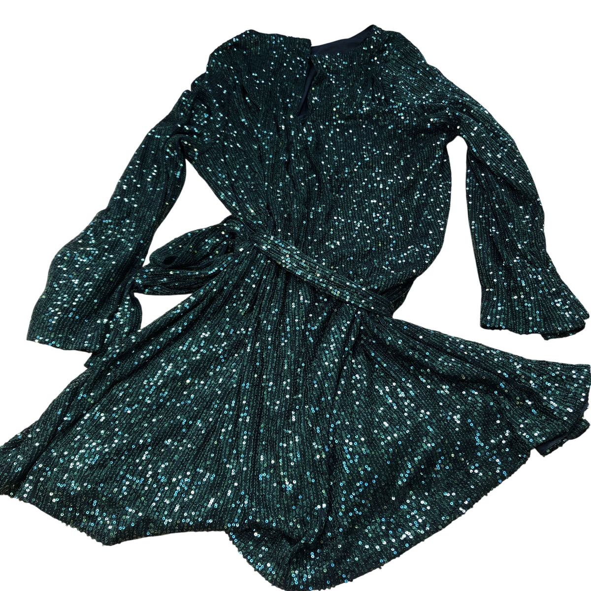 Sequinned Dress UK18 Women's Long Sleeve Wrap Style Black Green