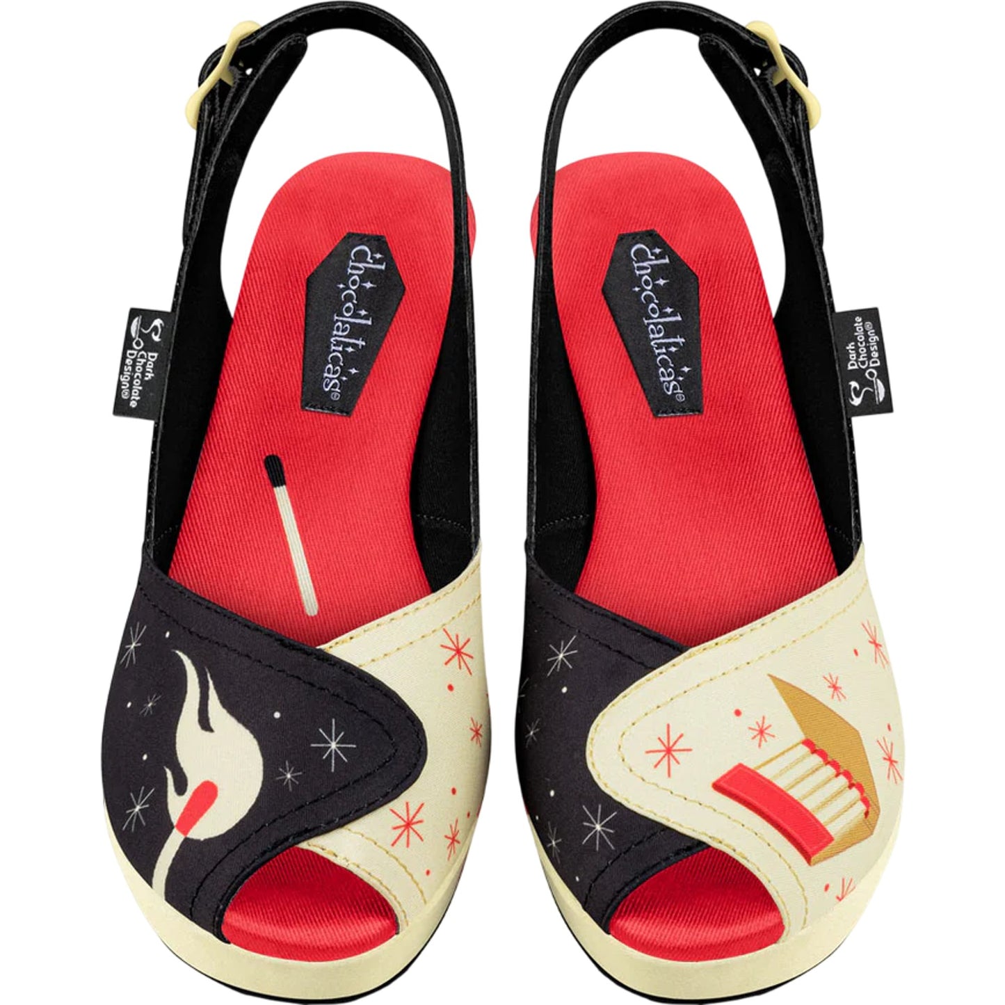 Hot Chocolate Design Women's Slingback Wedge Heels UK3.5 Black Red Flame Print