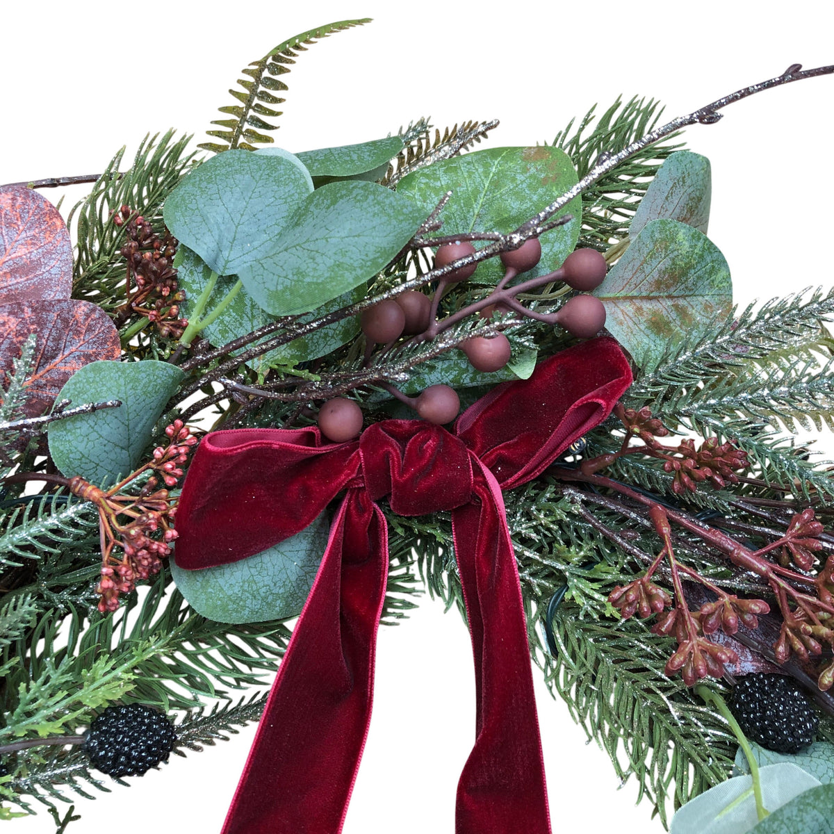 Lit Frosted Fruit Eucalyptus Festive Wreath Pine & Berries With Velvet Bow 18"