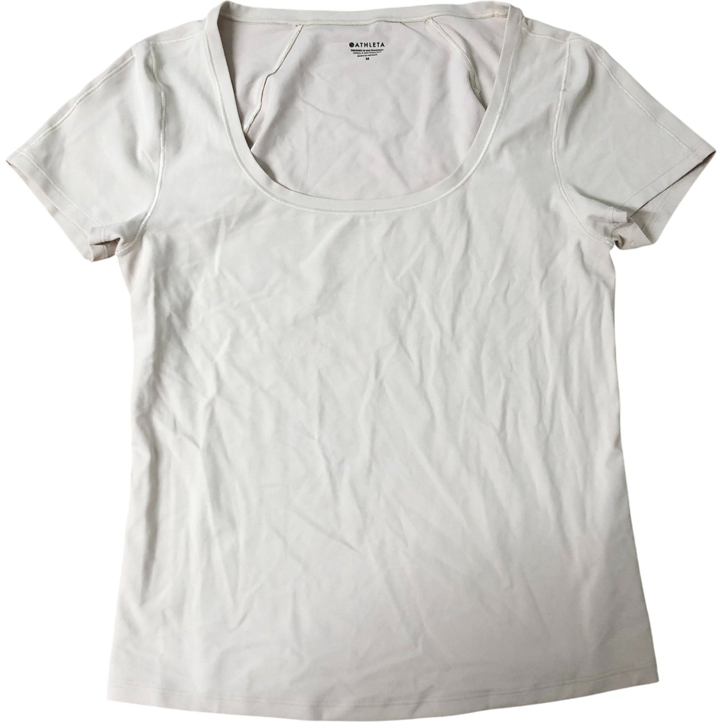Athleta Women's Medium Scoop Neck Activewear Top Light Beige Short Sleeve