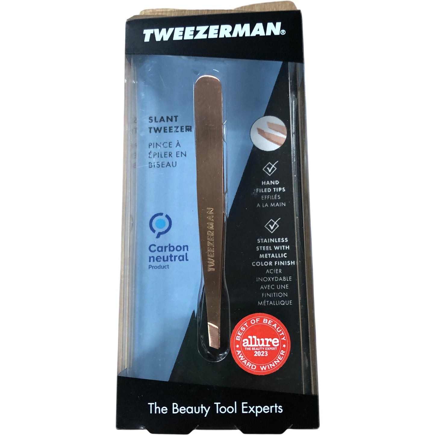 TWEEZERMAN Rose Gold Slant Tweezer Hand Filed Tips Stainless Steel