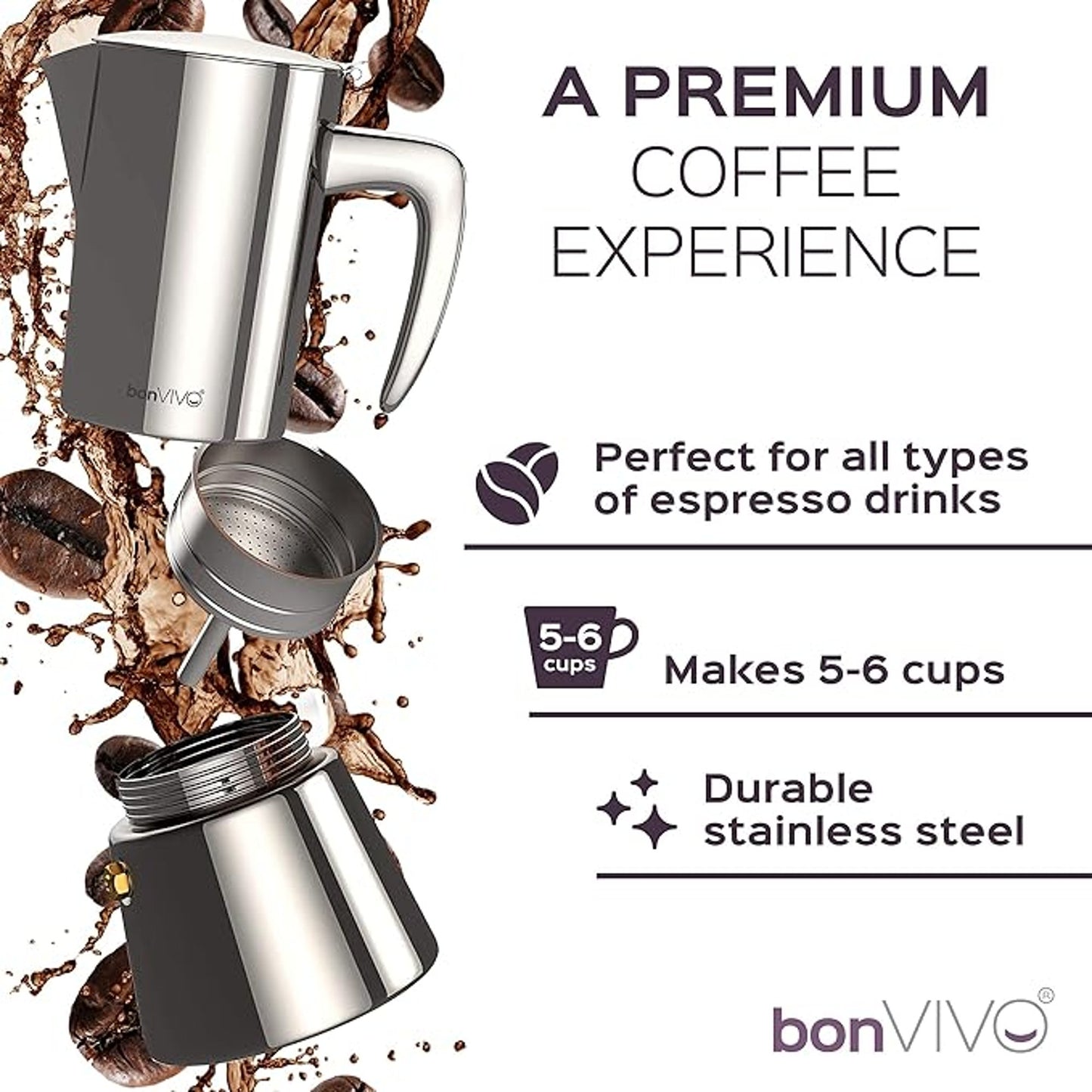 BONVIVO Intenca Moka Pot 300ml 10oz Espresso Maker Durable Stainless Steel