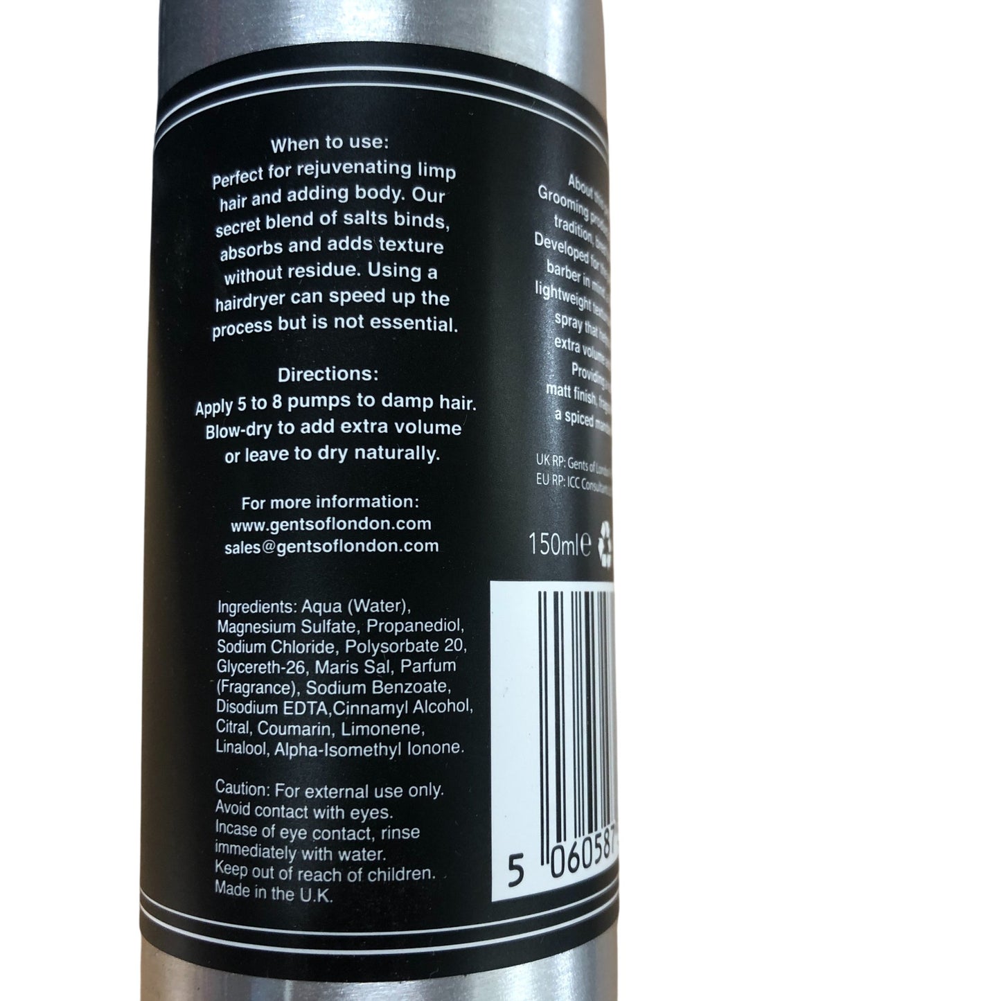 Gents of London Sea Salt Spray 150ml Natural Matt Hold Adds Volume and Texture
