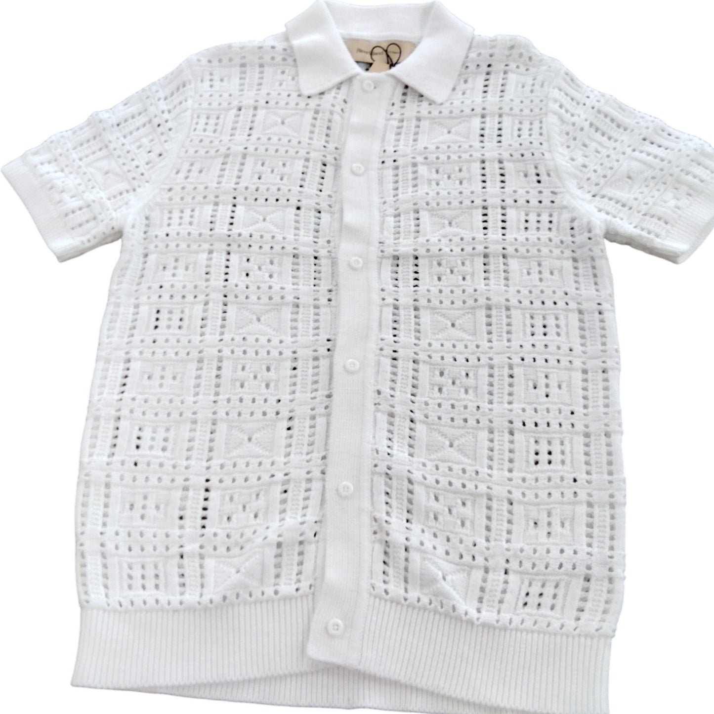 River Island S Women's Short Sleeve Button Up Cardigan White Openwork Knit