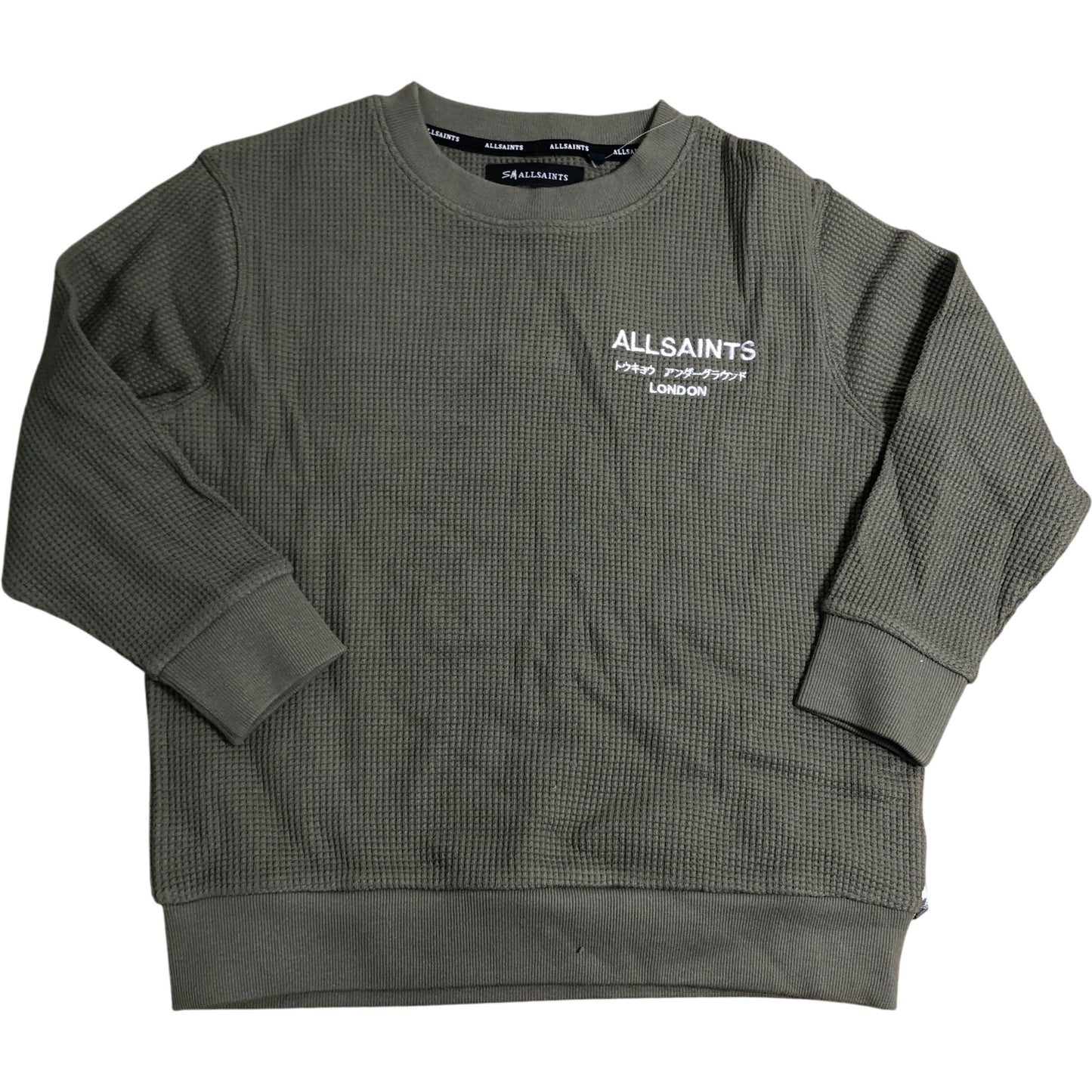 AllSaints Underground Waffle Crew Sweatshirt Size 9-10Y Boys Olive Green