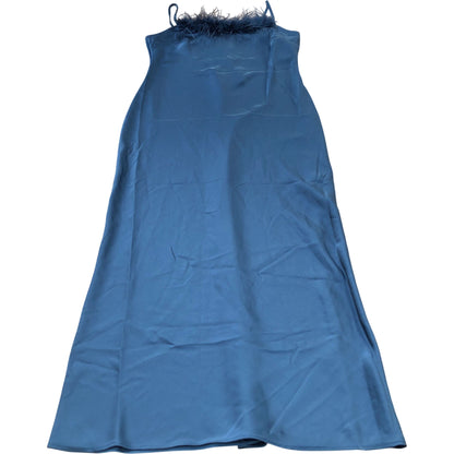 River Island Long Satin Dress Women's Blue with Feather Trim Spaghetti Str