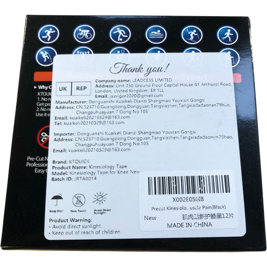 KTQUICK Pre-Cut Kinesiology Tape 12 Pieces Sports Injury Support Black