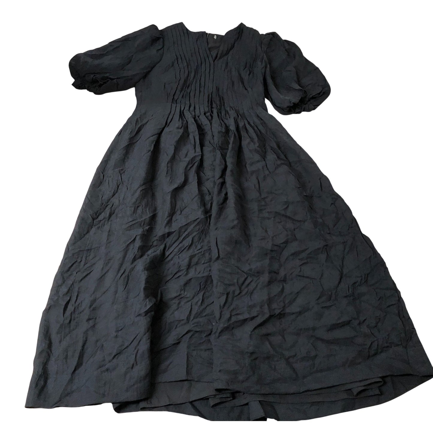 Black Midi Dress Size 12 Women's Puff Sleeve Pleated V Neck