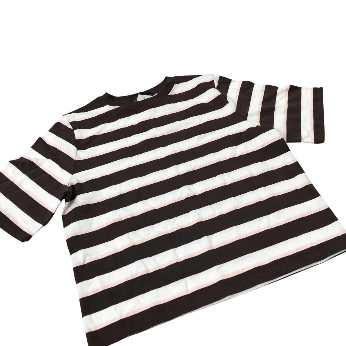 Striped Tee Top Women's Brown White Cotton Casual Small