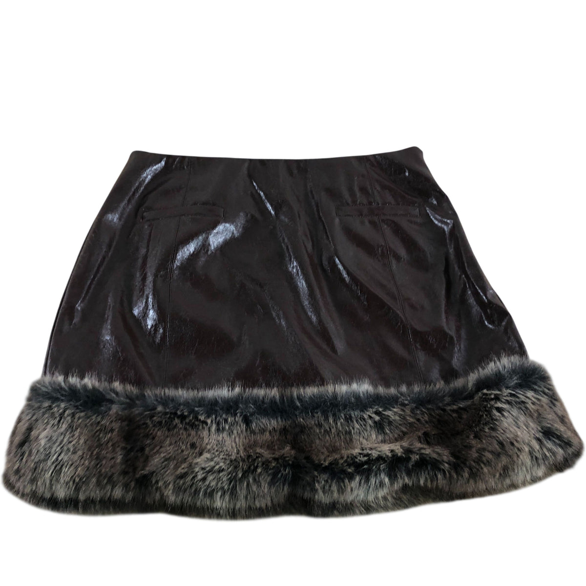 River Island Faux Fur Trim Skirt UK10 Women's Brown Patent