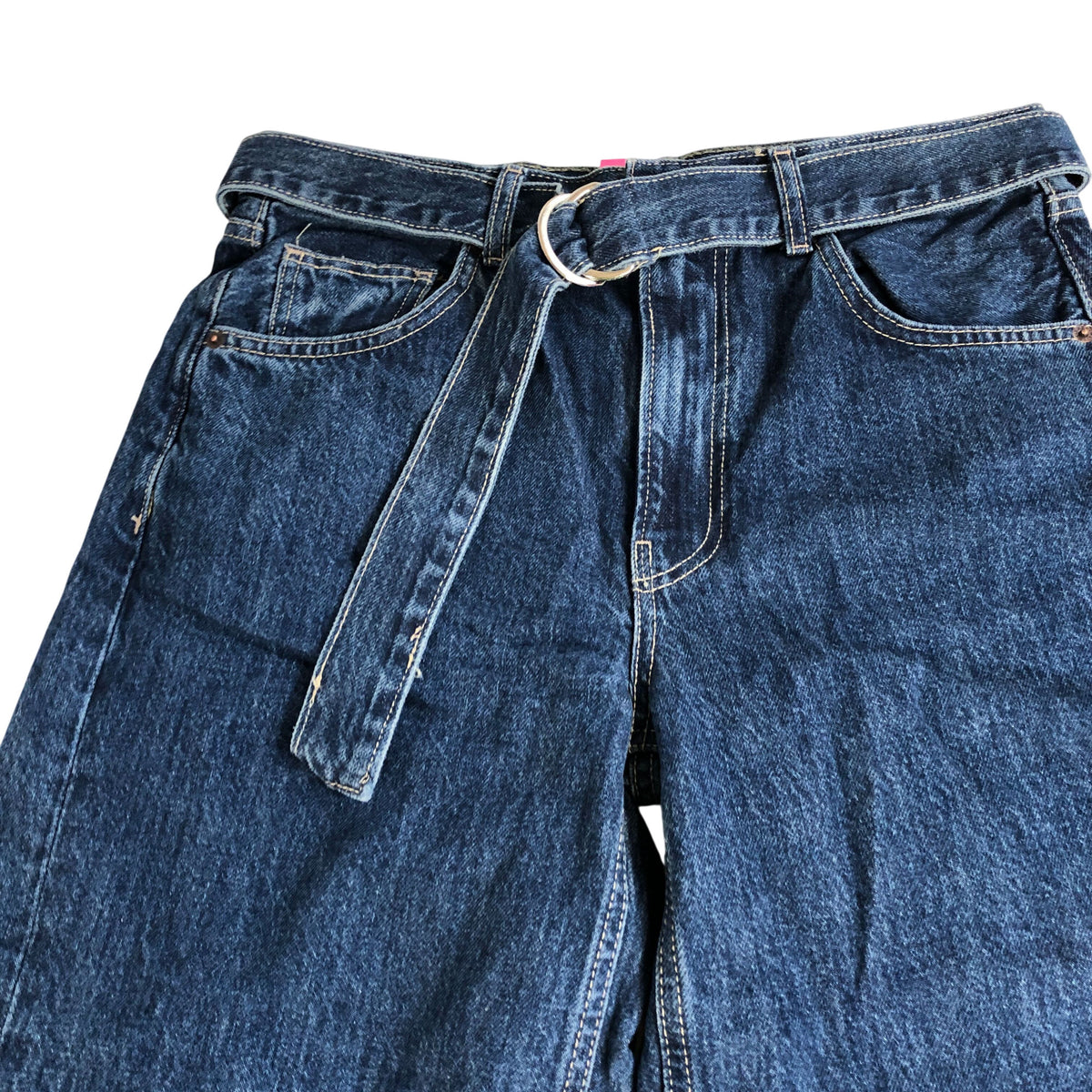 Wide Leg Turned Up Jeans UK10 Women's Denim Blue High Rise Belted Cuffed