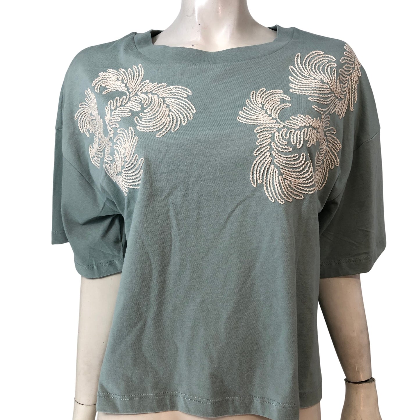 River Island Relaxed Fit Top UK10 Women's Green Cotton Embroidered Short Sleeve