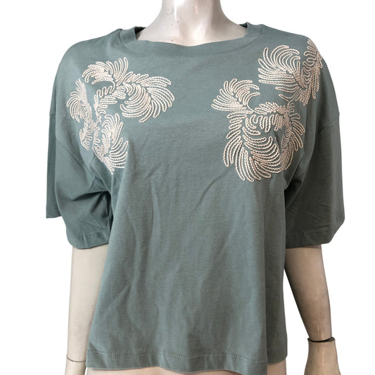 River Island Relaxed Fit Top UK10 Women's Green Cotton Embroidered Short Sleeve