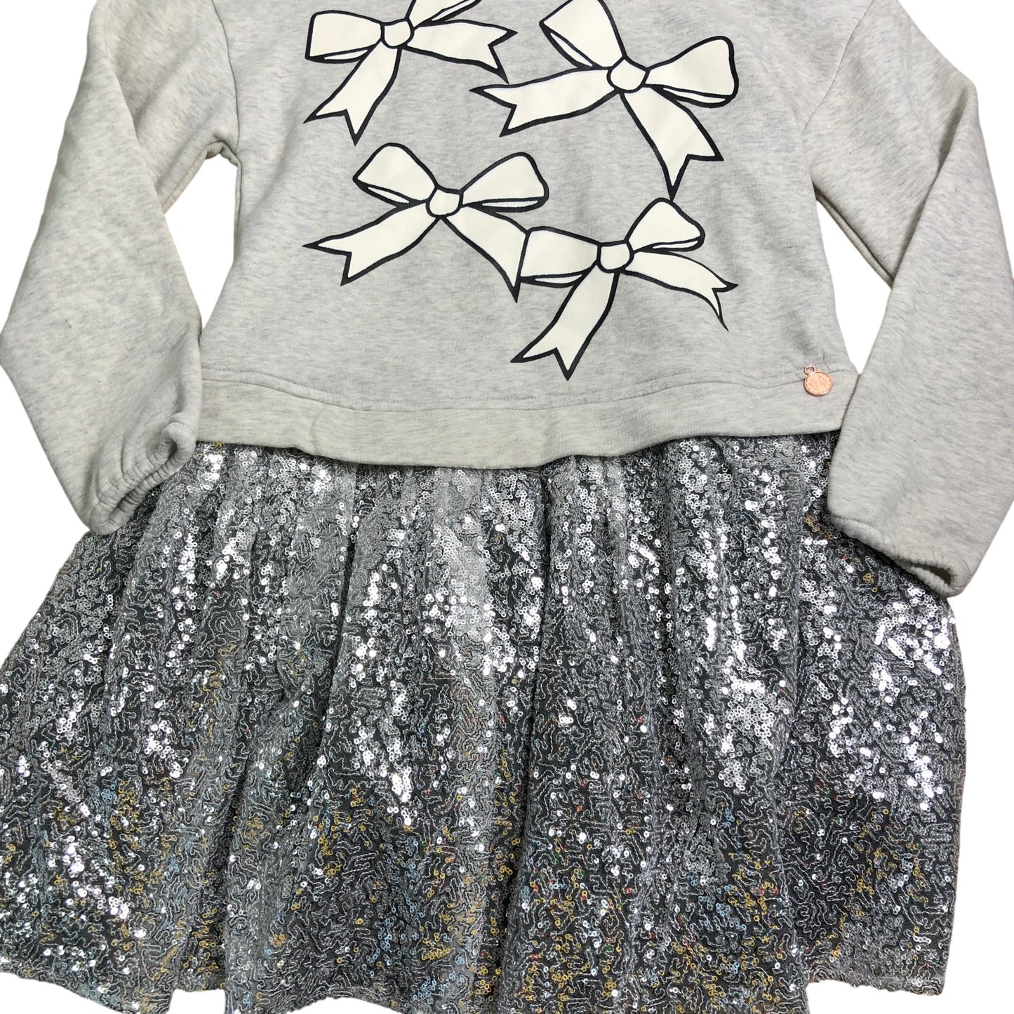 Branded Grey Bow Sweater Dress Age 10 Girls Sequin Skirt Long Sleeve