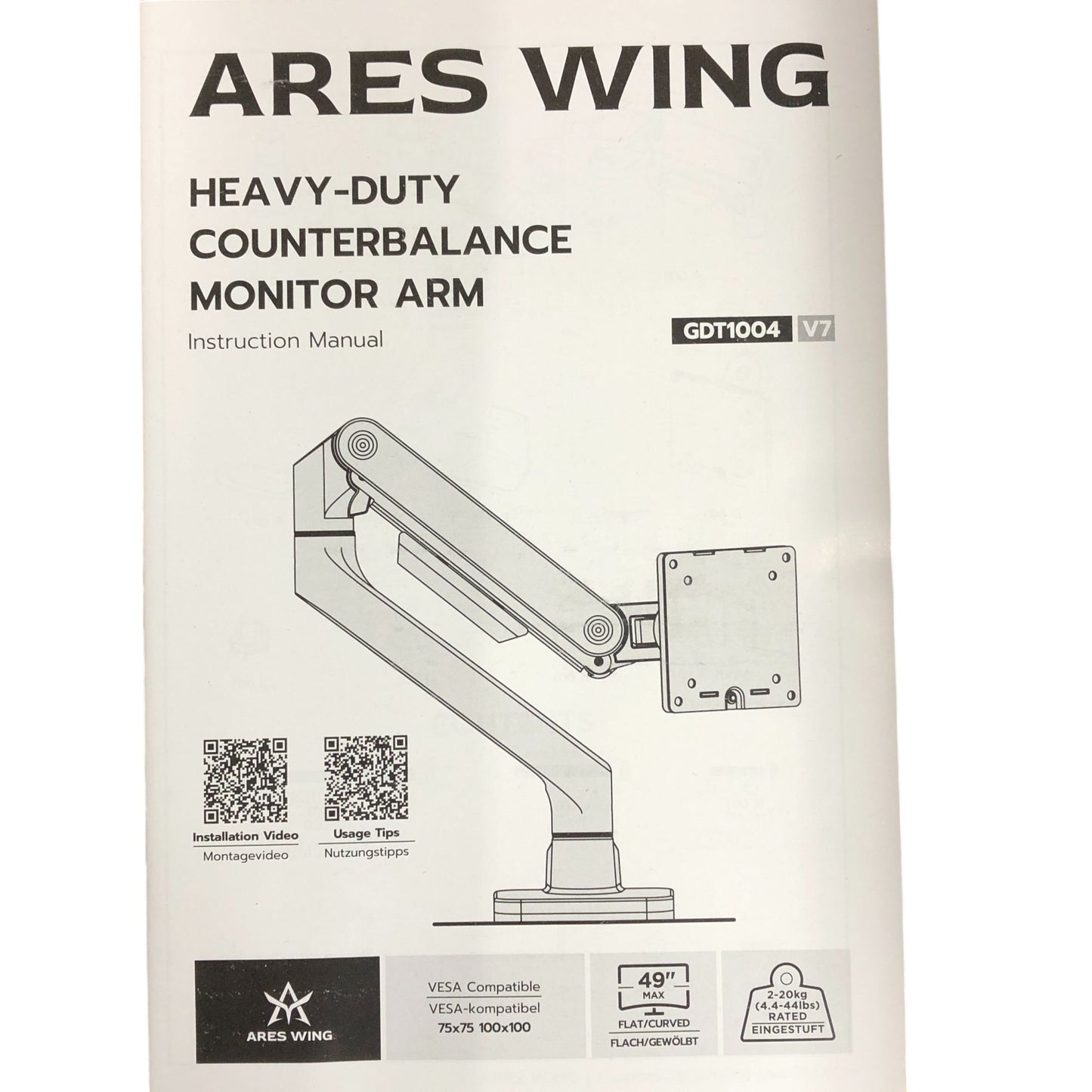Ares Wing GDT1004 Heavy Duty Counterbalance Monitor Arm VESA Compatible