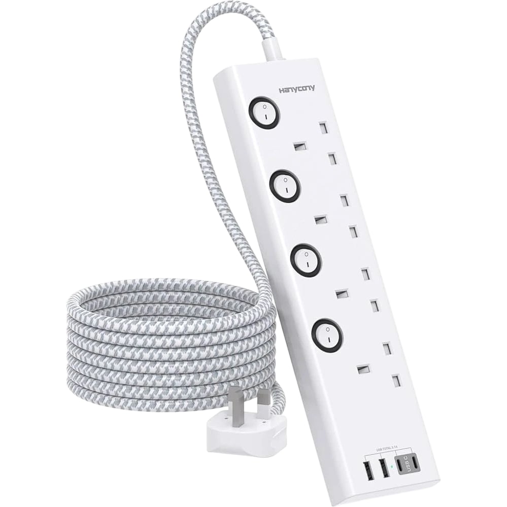 Hanycony Extension Lead HNUK4WC2 4 Socket USB Power Strip UK Plug