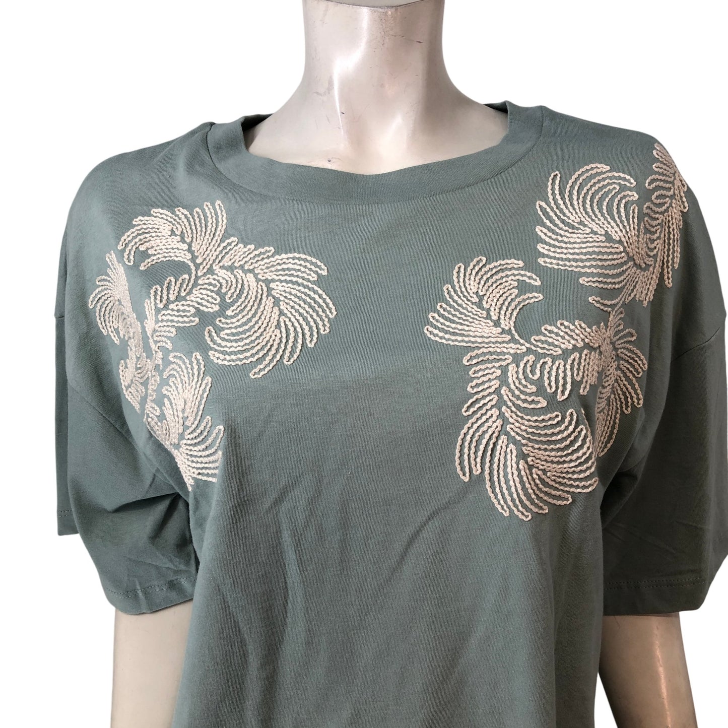 River Island Relaxed Fit Top UK10 Women's Green Cotton Embroidered Short Sleeve