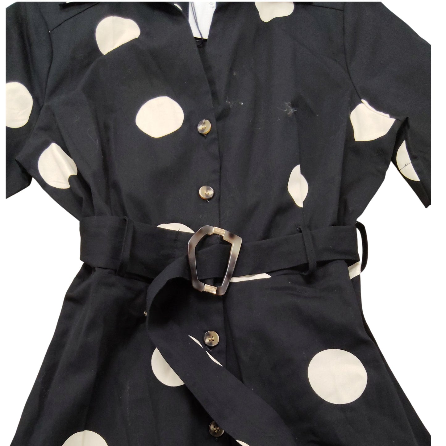 River Island UK10 Women's Black White Polka Dot Midi Dress Belted Short Sleeve