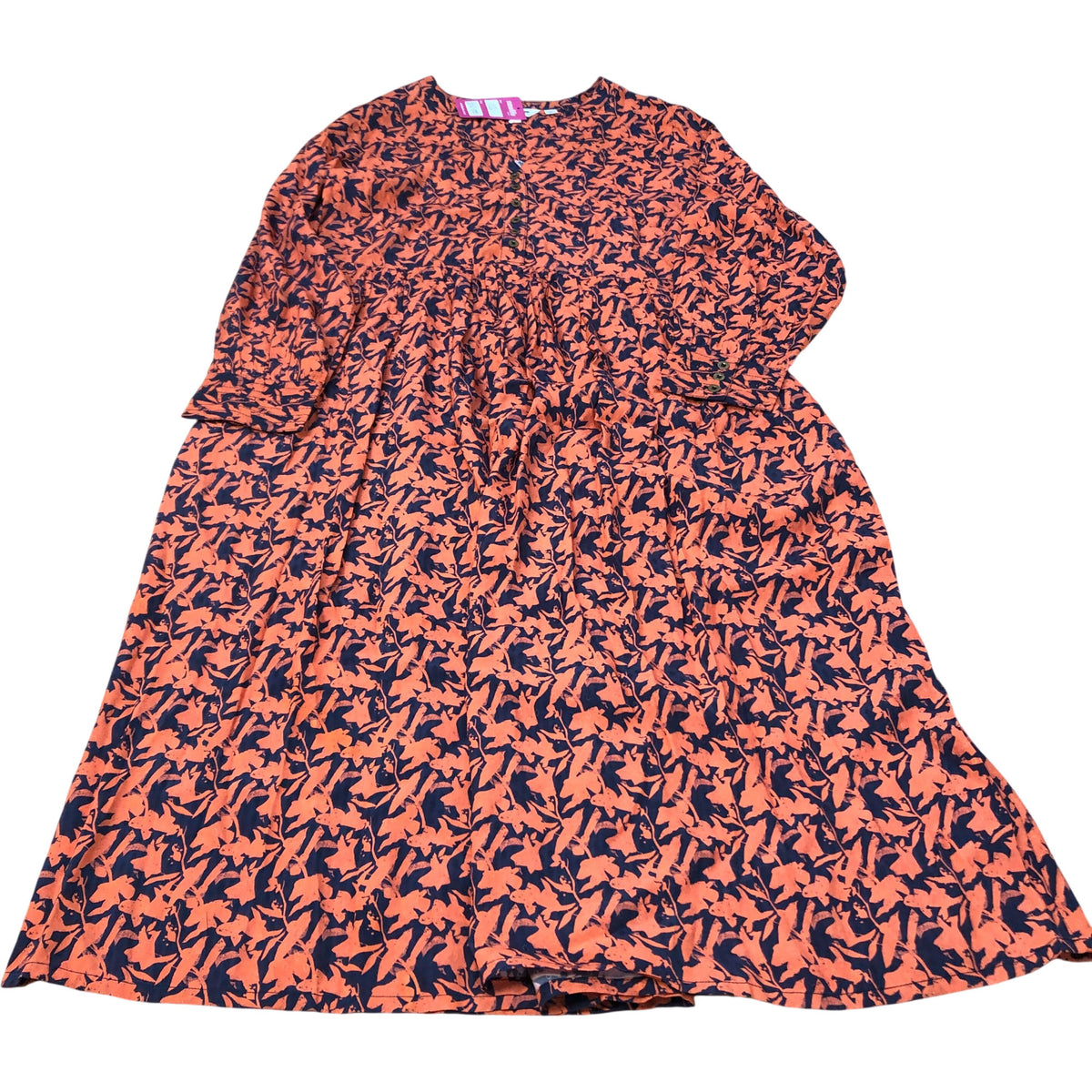 Stylish Women’s Viscose Dress UK12 Floral Print Long Sleeve Orange Navy