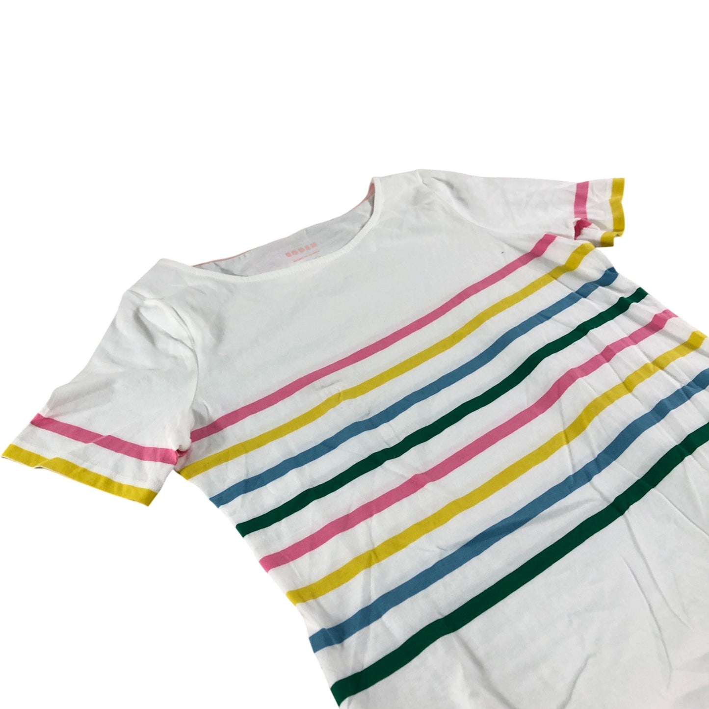 Boden Striped T-Shirt Women's Short Sleeve Cotton White Pink Green Yellow UK10