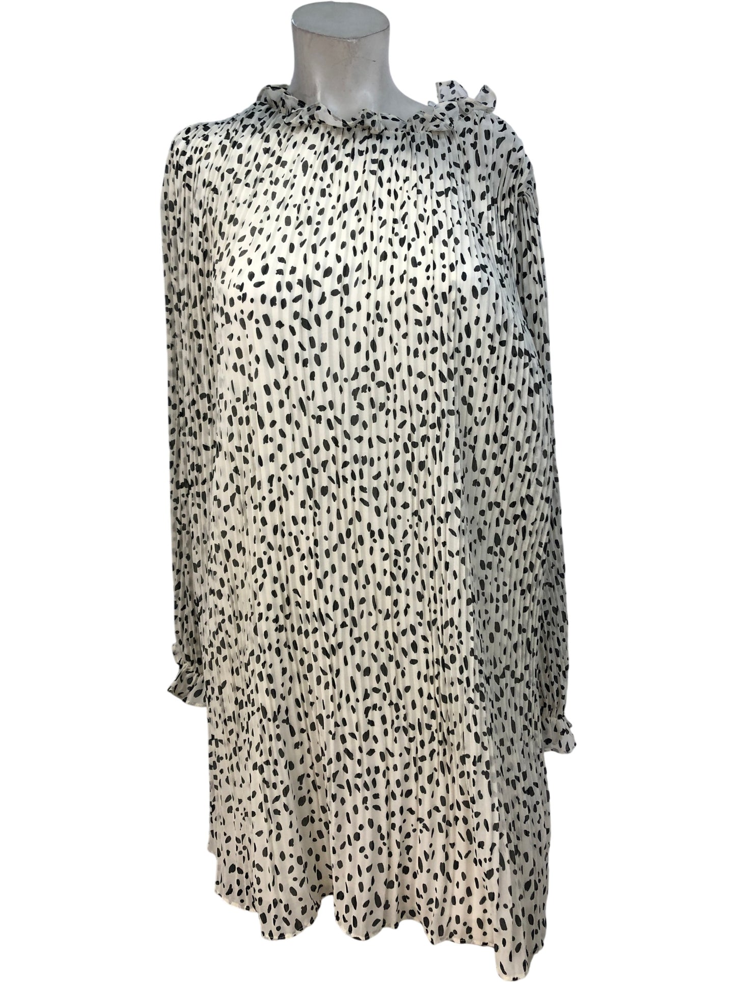 Rivers Island Cream Smart Dress UK8 Women's Long Sleeve Pleated Spotty