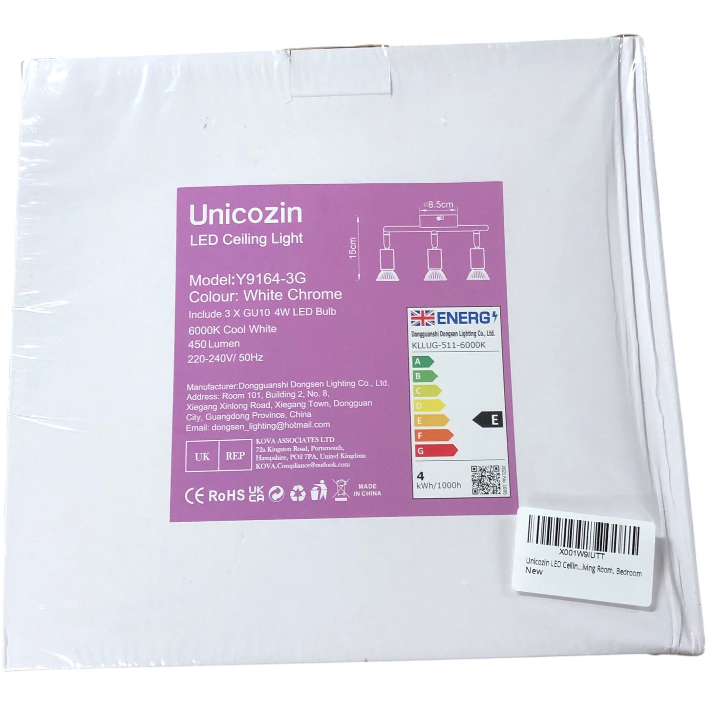 Unicozin Y9164-3G LED Ceiling Light White Chrome 3 Bulb 6000K Cool White