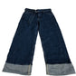 Wide Leg Turned Up Jeans UK10 Women's Denim Blue High Rise Belted Cuffed