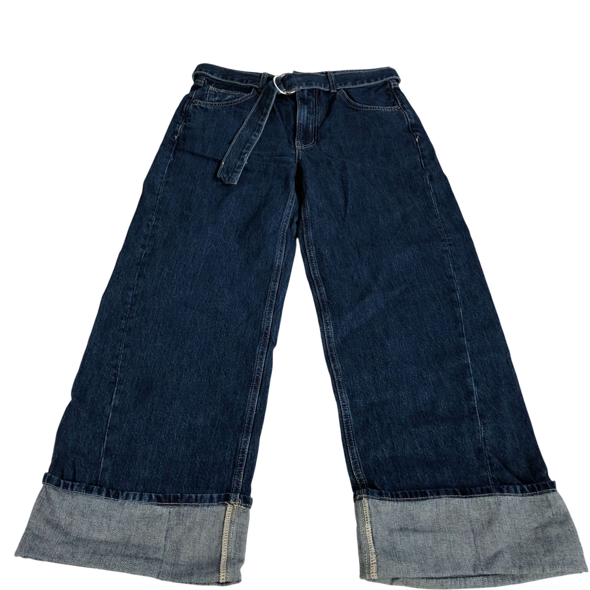 Wide Leg Turned Up Jeans UK10 Women's Denim Blue High Rise Belted Cuffed