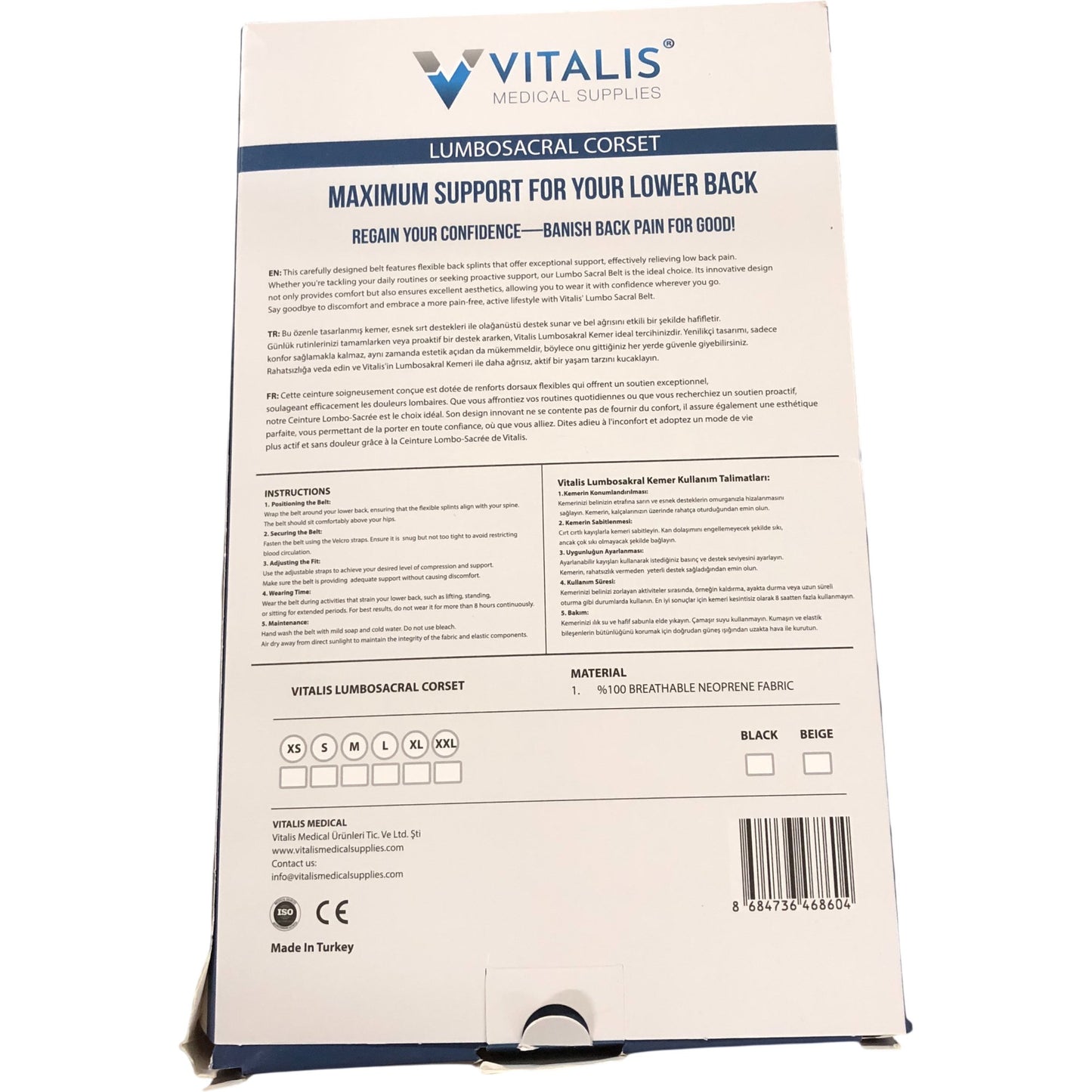 Vitalis Lumbosacral Corset Back Support Maximum Comfort Size 3XL Beige