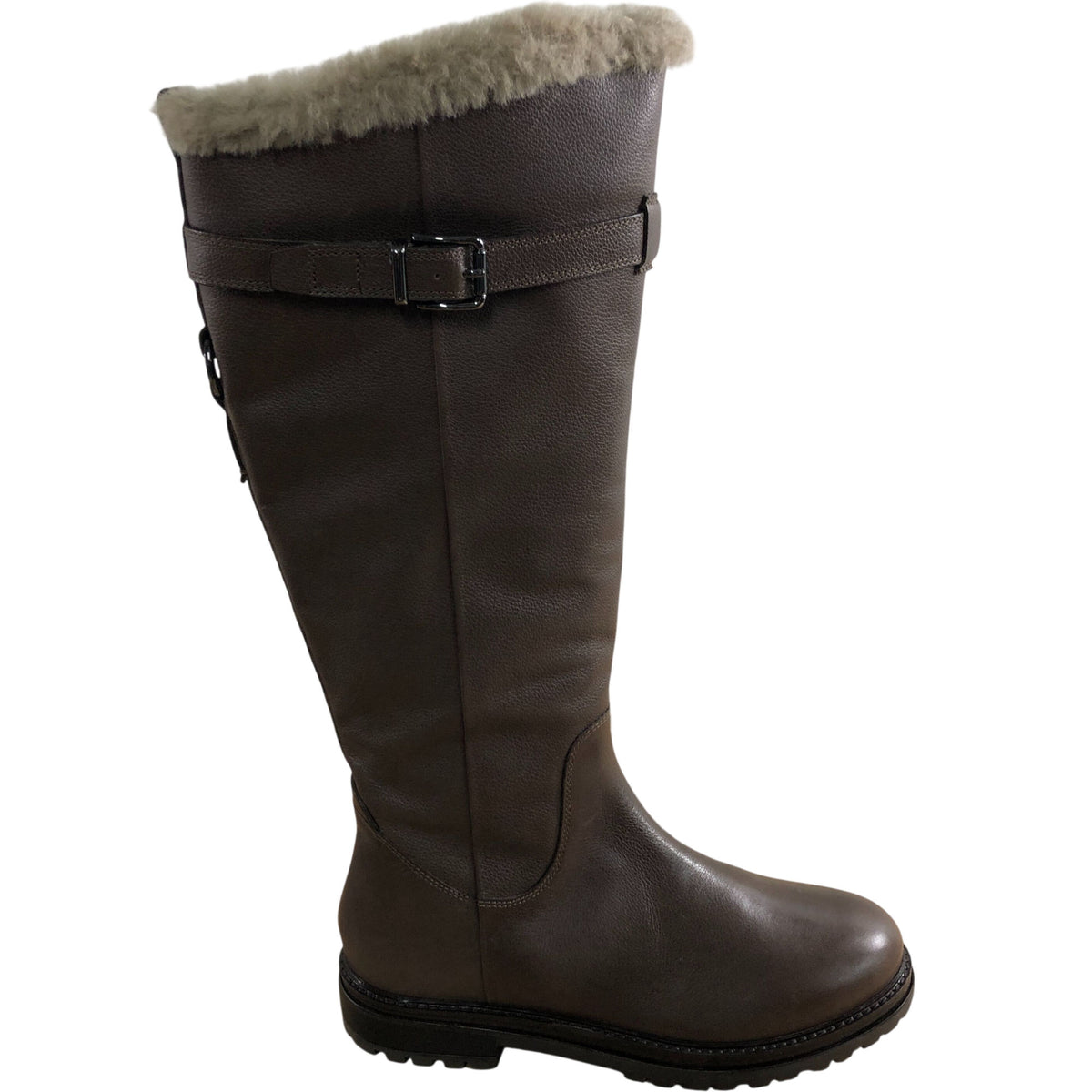 Brown Leather Knee High Boots With Faux Fur Trim