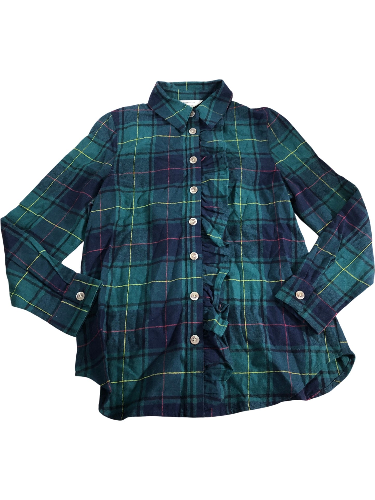 River Island Checked Button Up Shirt UK8 Women's Ruffled Green Blue Plaid