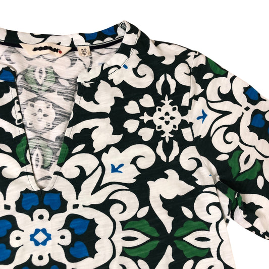 Floral Print Dress UK12 Women's Short Sleeve V Neck Cotton Green White