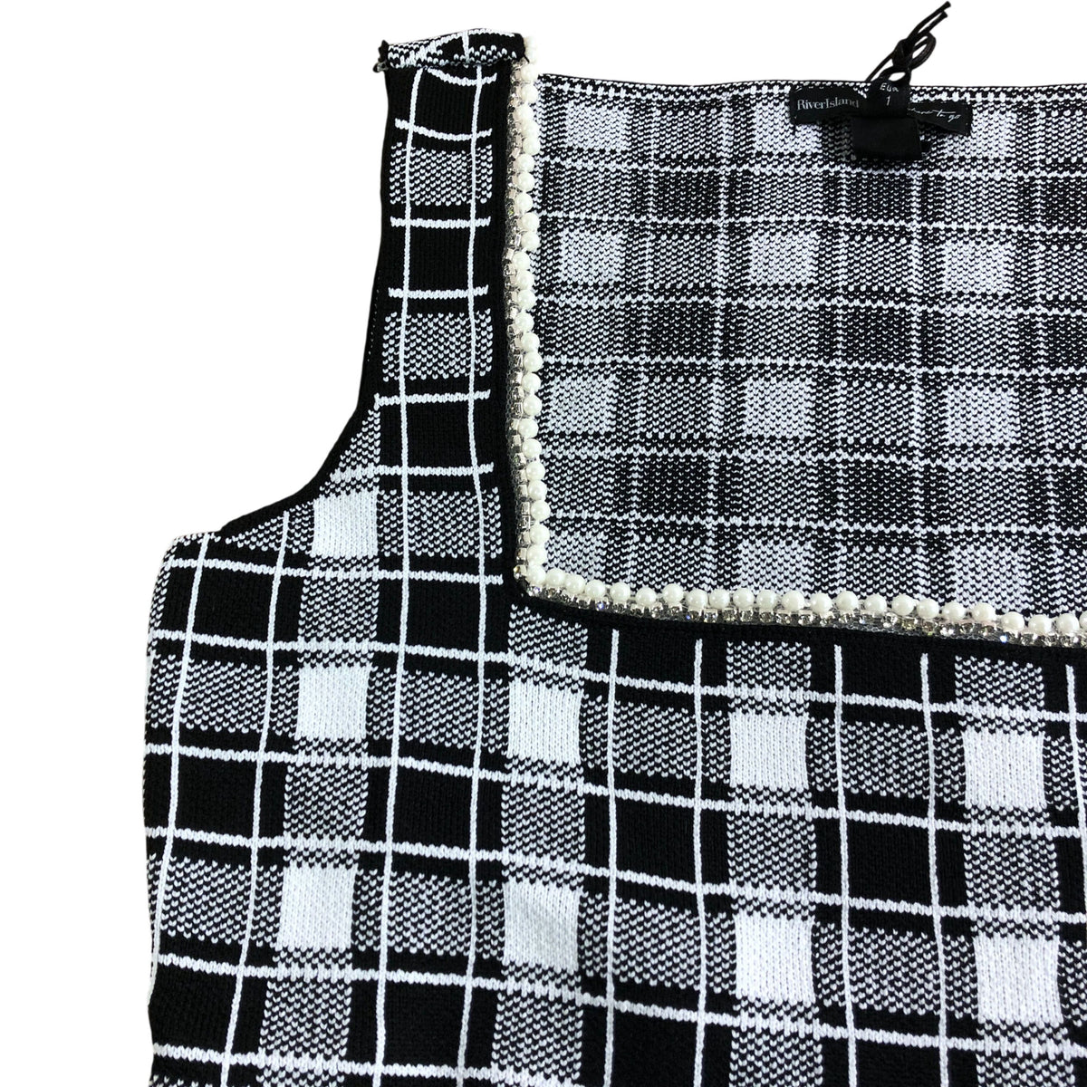 River Island Checked Fit Flare Top UK XS Women's Black and White Peplum