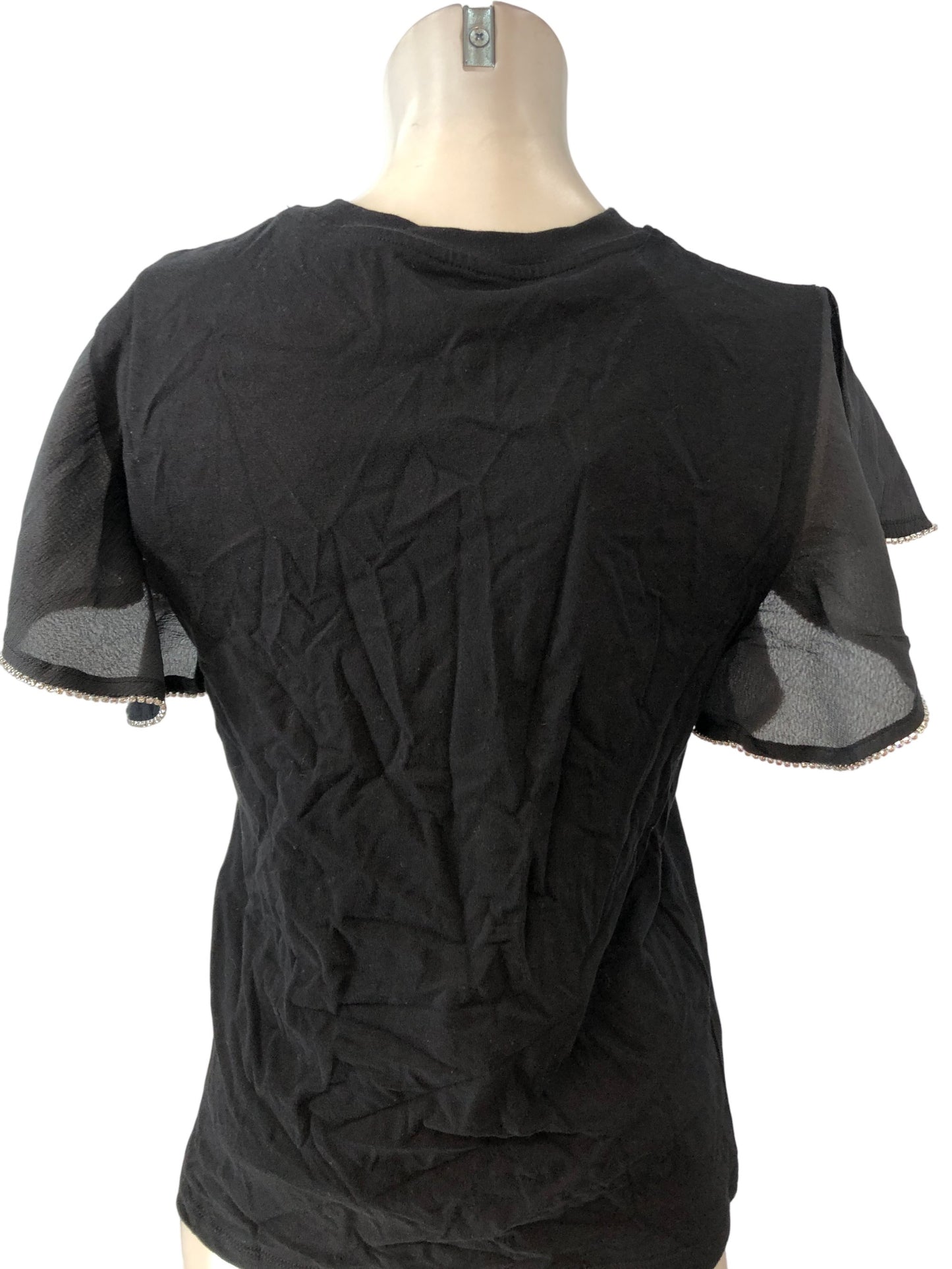 River Island Black Flower Detail T Shirt XS Women's Short Sleeves Party Top