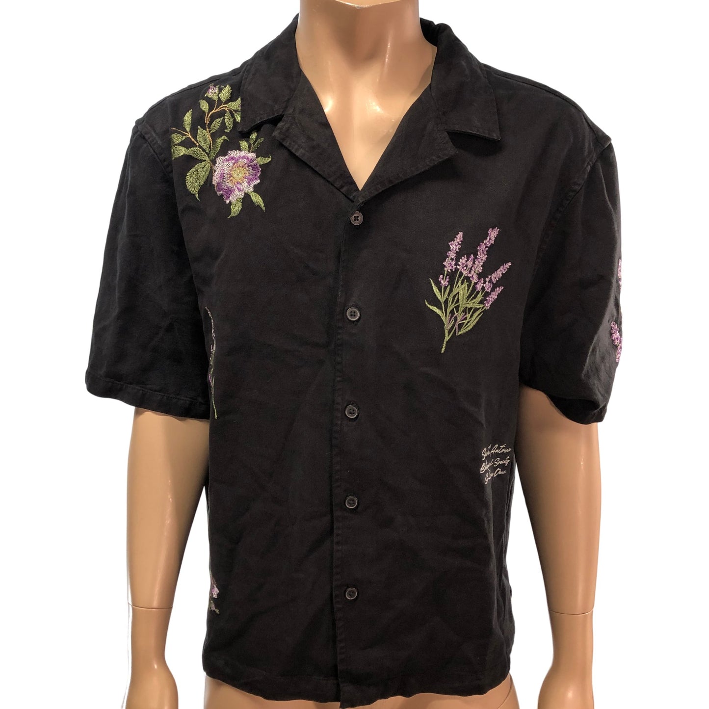 River Island Floral Embroidered Casual Shirt Black Short Sleeve Size Large