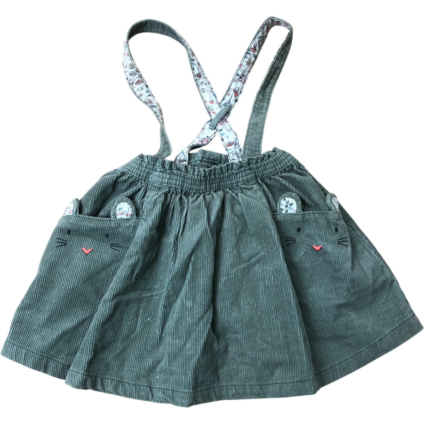 Girls 3-4 Years Green Corduroy Dungaree Dress With Cat Pocket Details