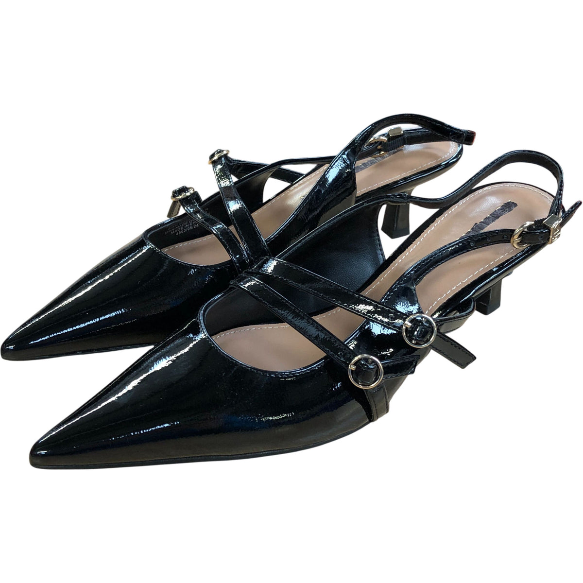 Pointed Toe Slingback Heels Black Faux Patent Leather Size 6