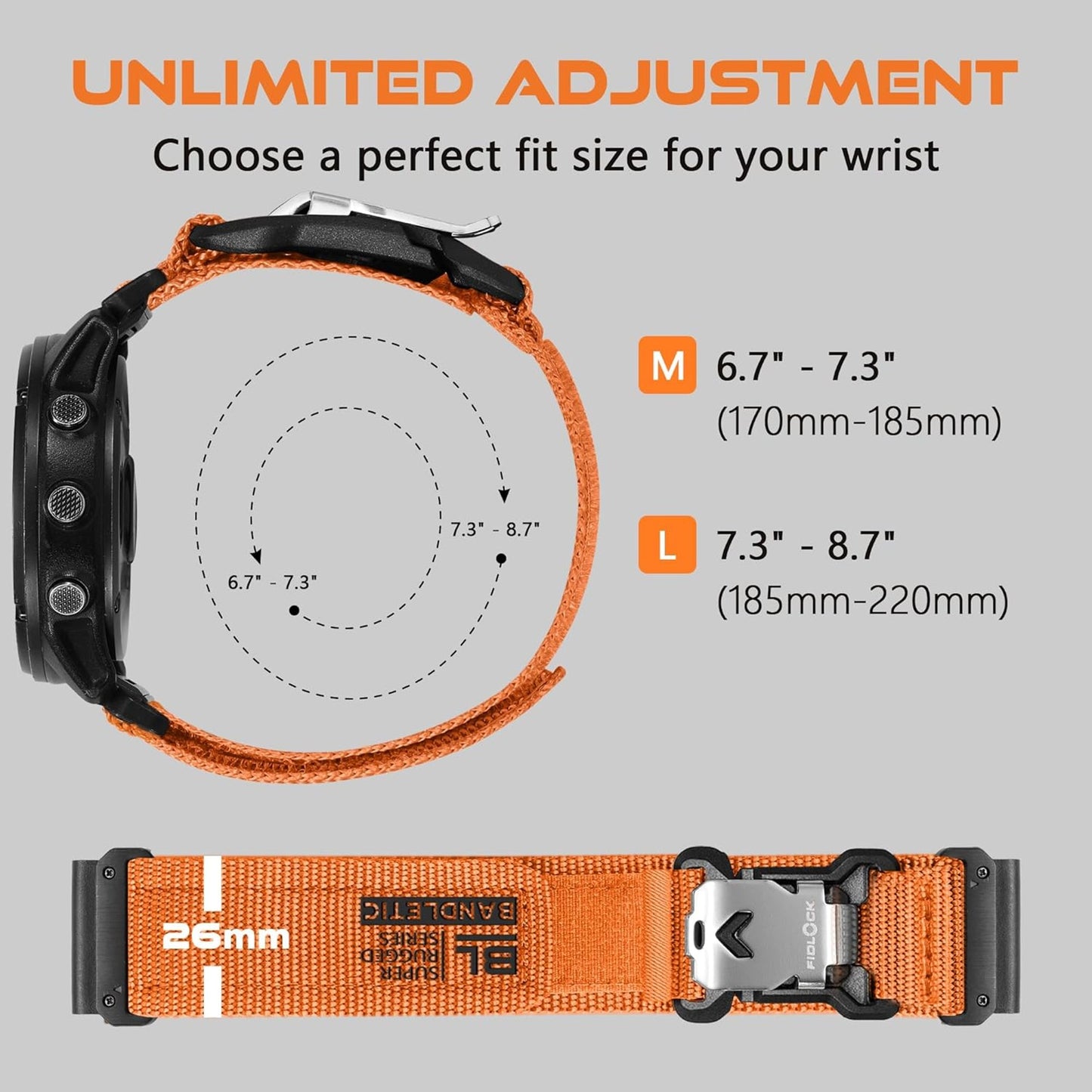 Bandletic Rugged Nylon Compatible with Garmin 26mm Orange