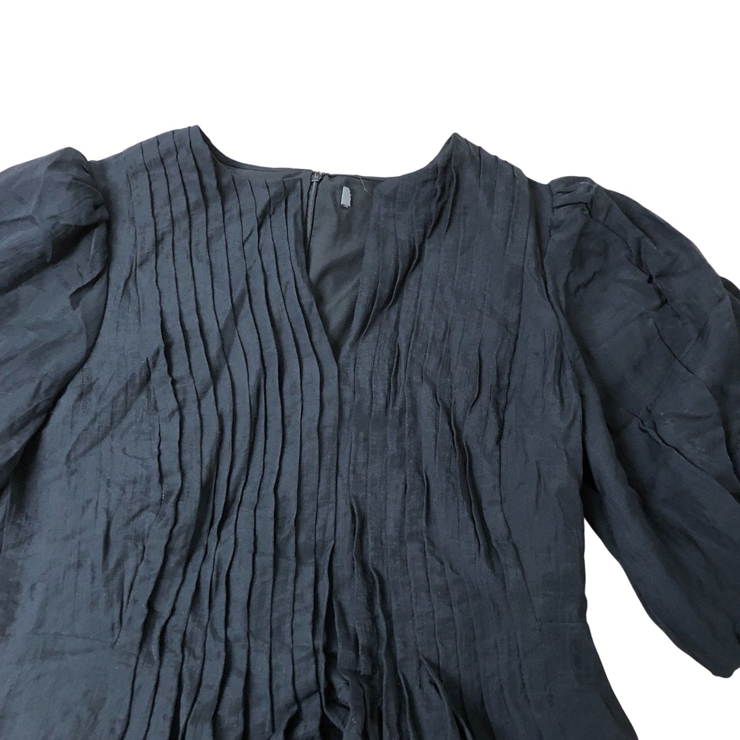 Black Midi Dress Size 12 Women's Puff Sleeve Pleated V Neck