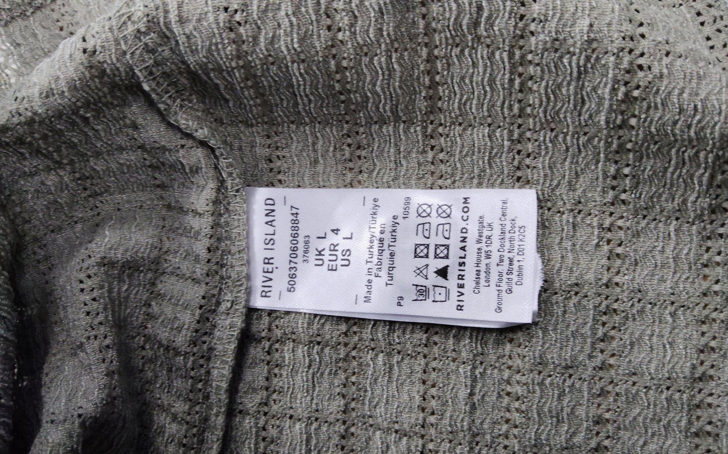 River Island Short Sleeve Shirt L Men's Casual Green Waffle Pattern Button Up