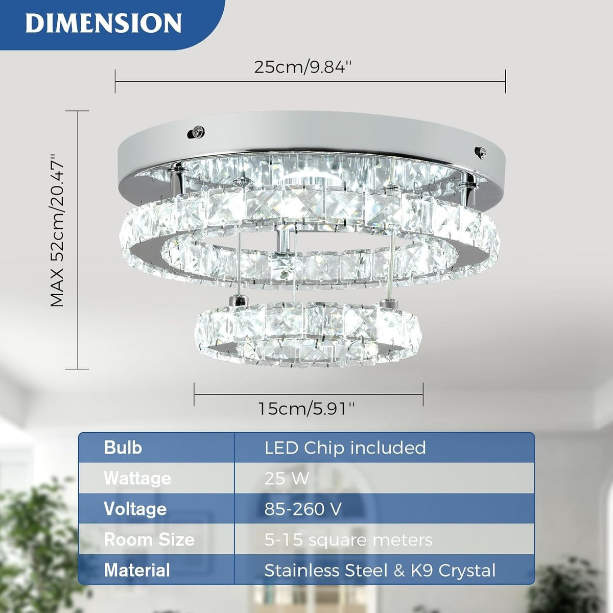 RHEAFON Modern Crystal LED Double Ring Design Chrome Chandelier Light Fixture