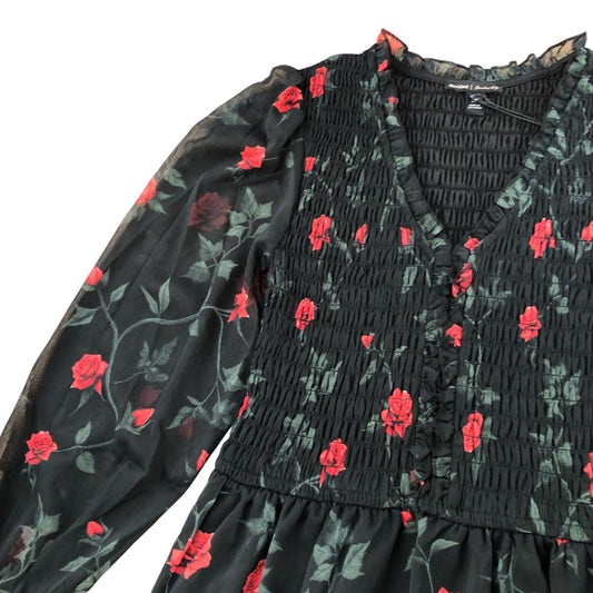 River Island Floral Print Dress UK6 Women's Long Sleeve V Neck Smocked Black
