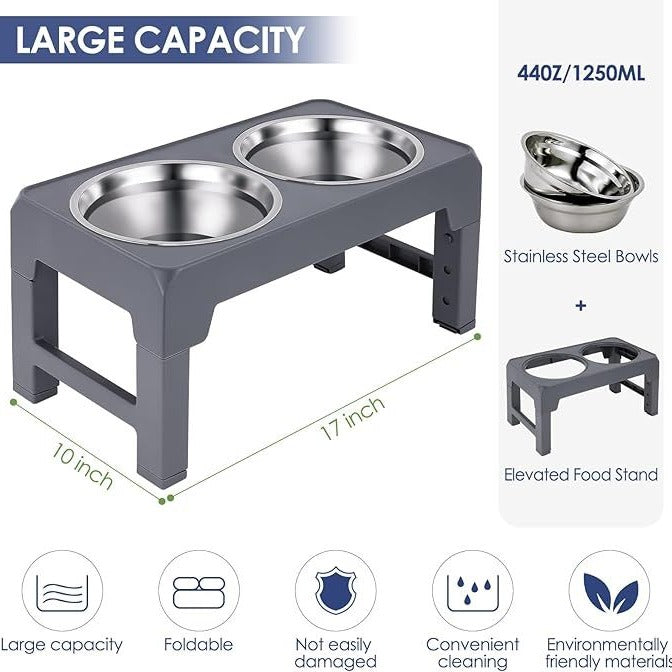Multi Heights Folding Feeder Adjustable Dog Bowl Stand Removable Bowls Grey