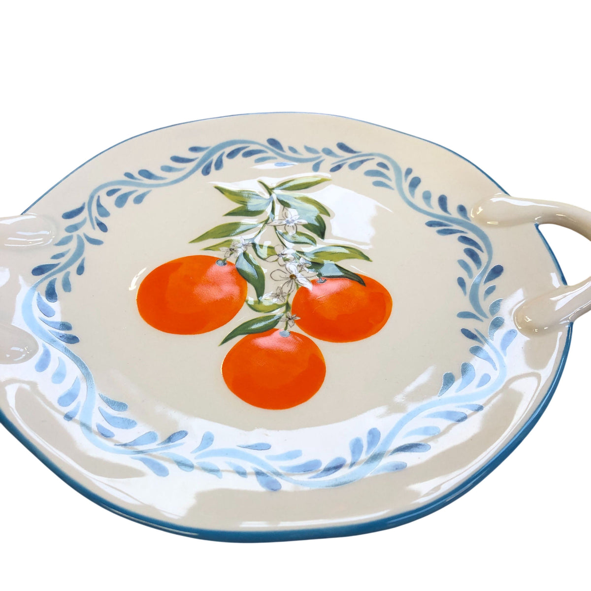 Small Ceramic Serving Platter Orange Decoration with Handles 8.5"